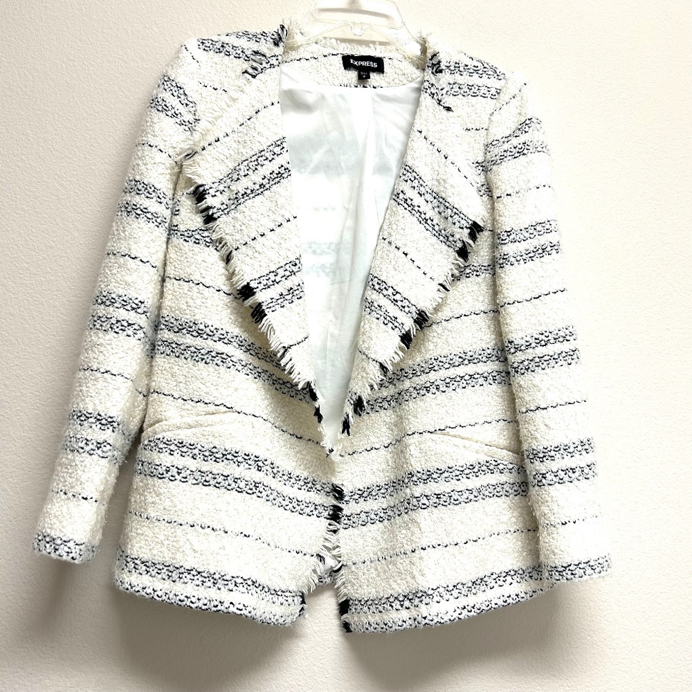 Express S Stripped Draped Boucle Blazer Long Sleeve Open Front Lined Ivory White